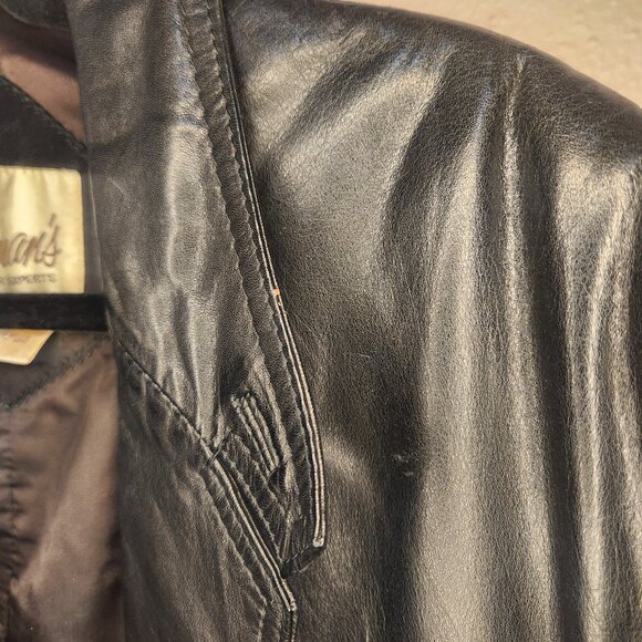 Y2K Vintage Bermans Black Mens Genuine Leather Blazer 2 Pocket 2 Button Size 42 - Picture 12 of 16